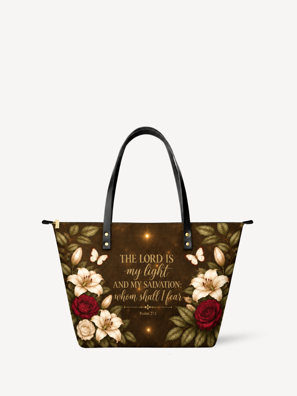 Lux in Tenebris Leather Tote Bag - Christian Tote Bag, detail view