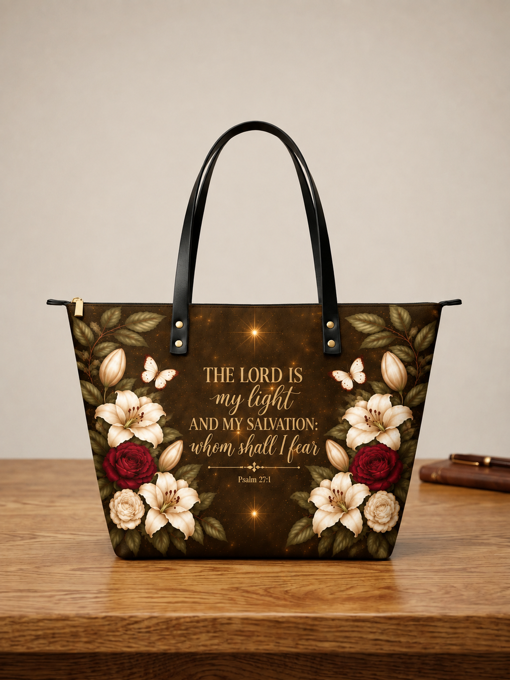 Lux in Tenebris Leather Tote Bag - Christian Tote Bag, hanging display
