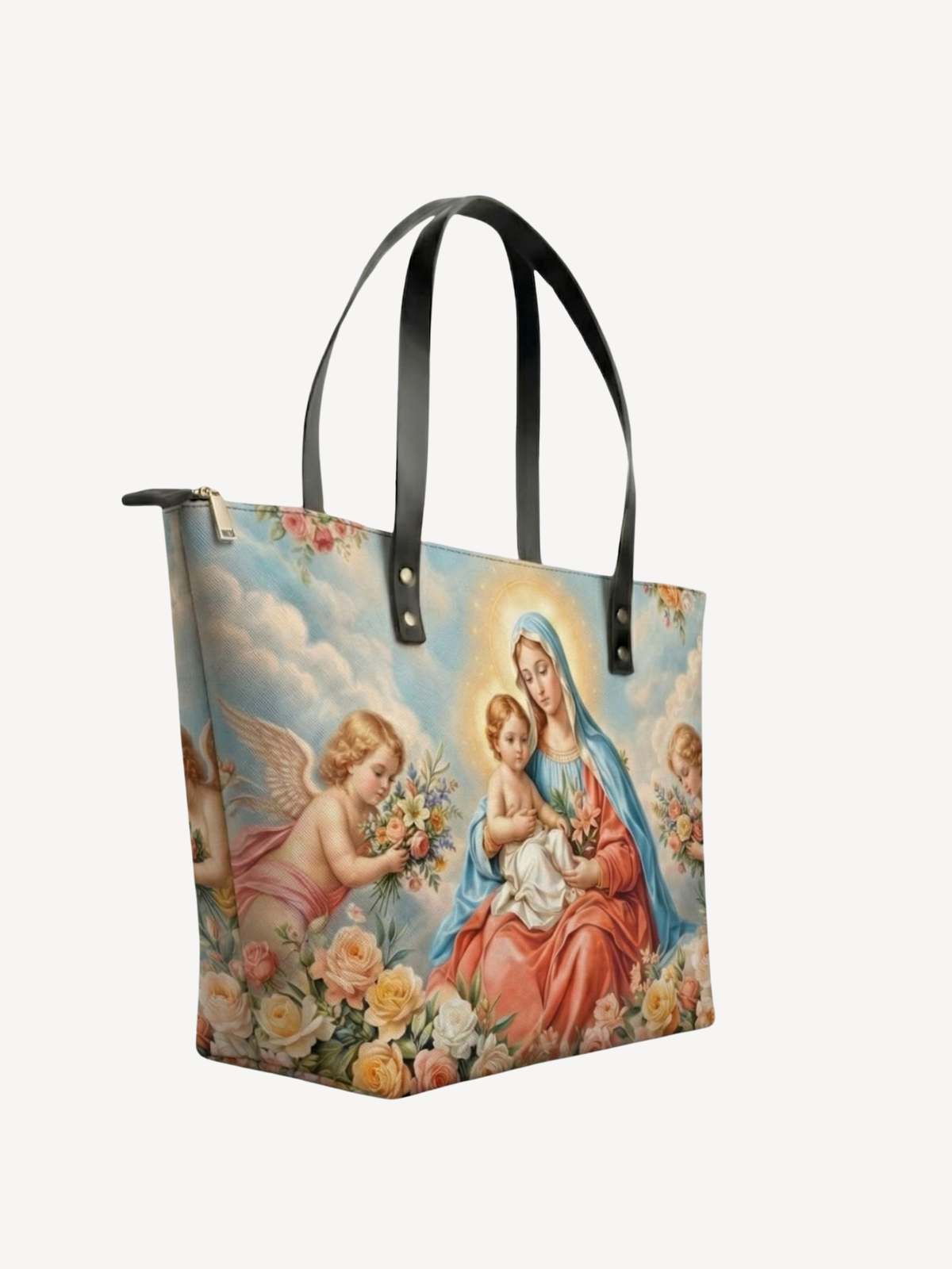 Mater Gratiae PU Leather Tote Bag - Christian Tote Bag, close-up of the print