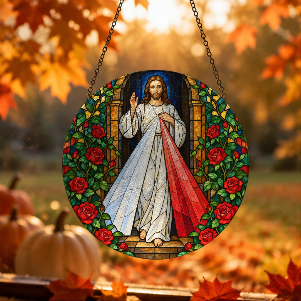 Manus Benedicens IV Glass Suncatcher - Catholic Suncatcher, hanging display