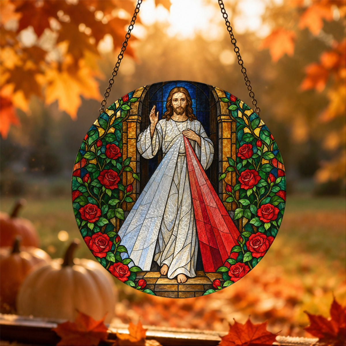 Manus Benedicens IV Glass Suncatcher - Catholic Suncatcher, hanging display