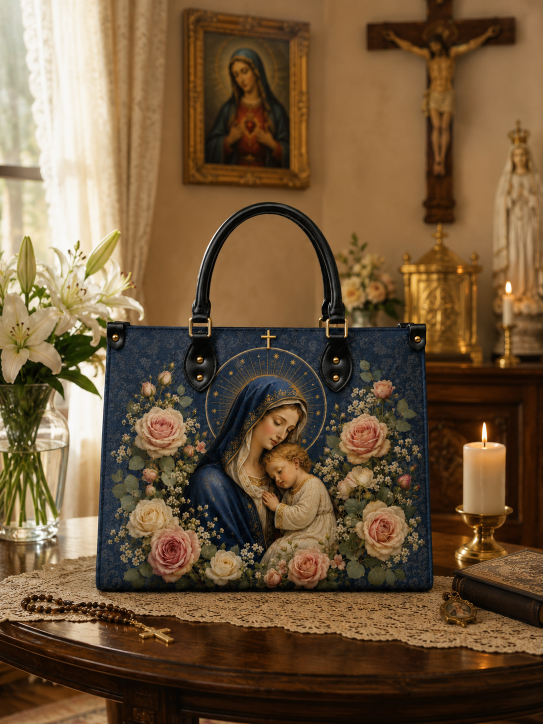 "Marian Rose Embrace" Leather Handbag - Catholic Leather Handbag, View 4