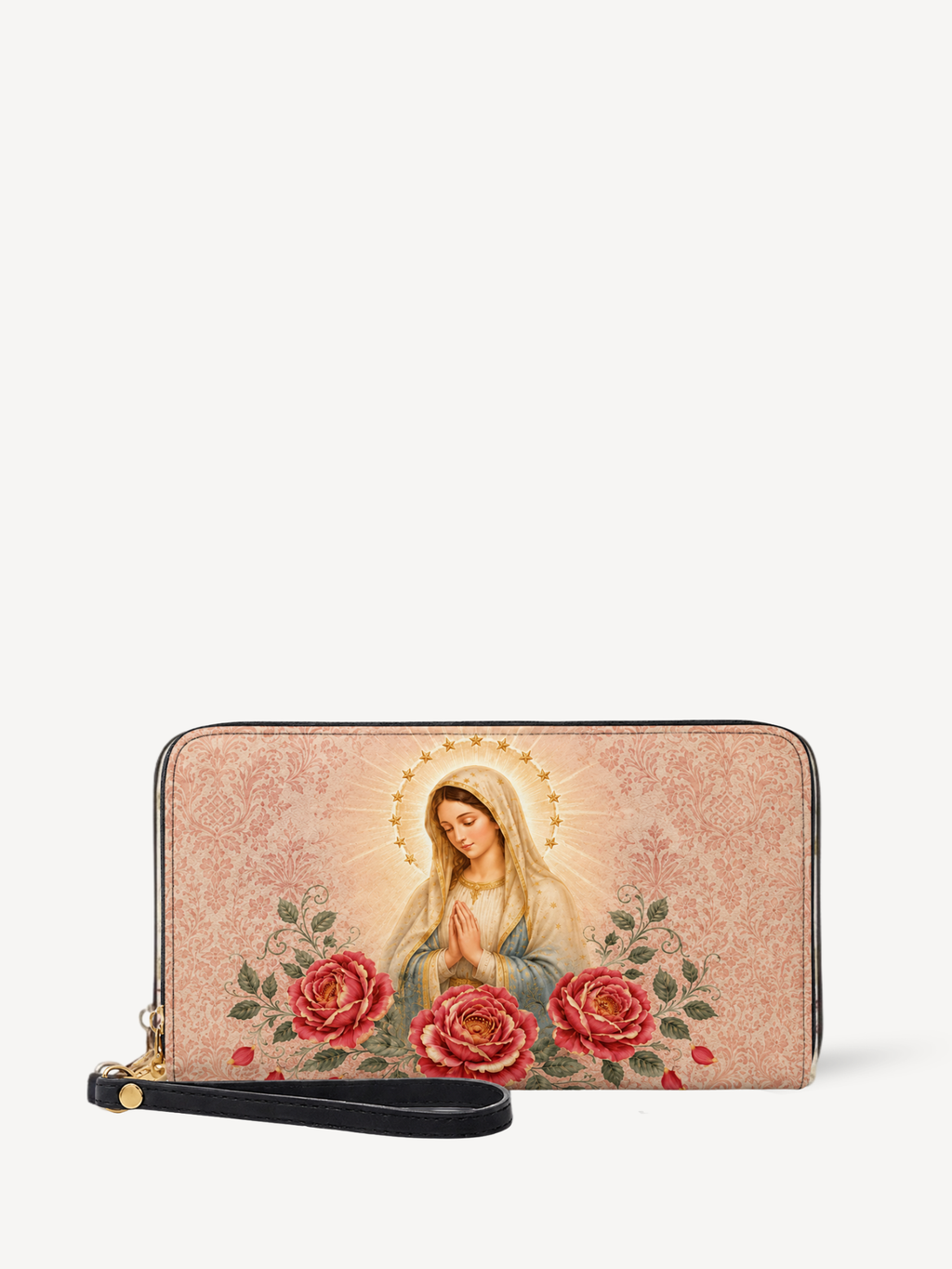 "Mater de las Rosas" Leather Wallet - Catholic Leather Wallet, Front View