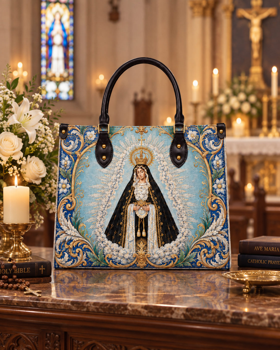 Mater Dolorosa Leather Handbag - Christian Handbag, styled in the home