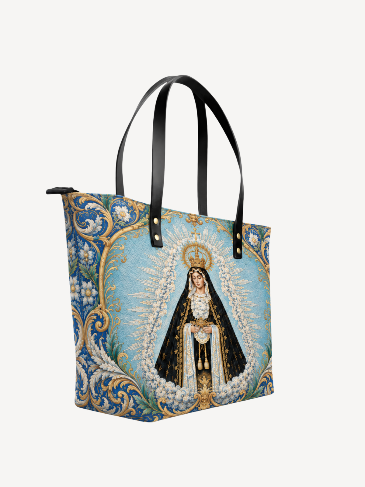 Mater Dolorosa Leather Tote Bag - Christian Tote Bag, detail view
