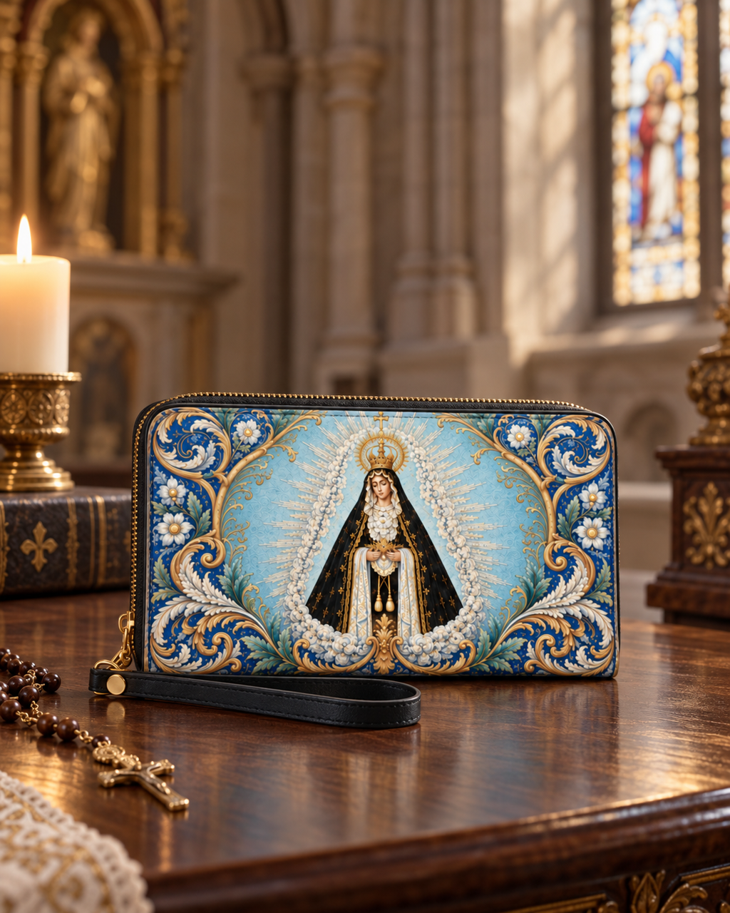 Mater Dolorosa Leather Wallet - Christian Wallet, close-up of the print