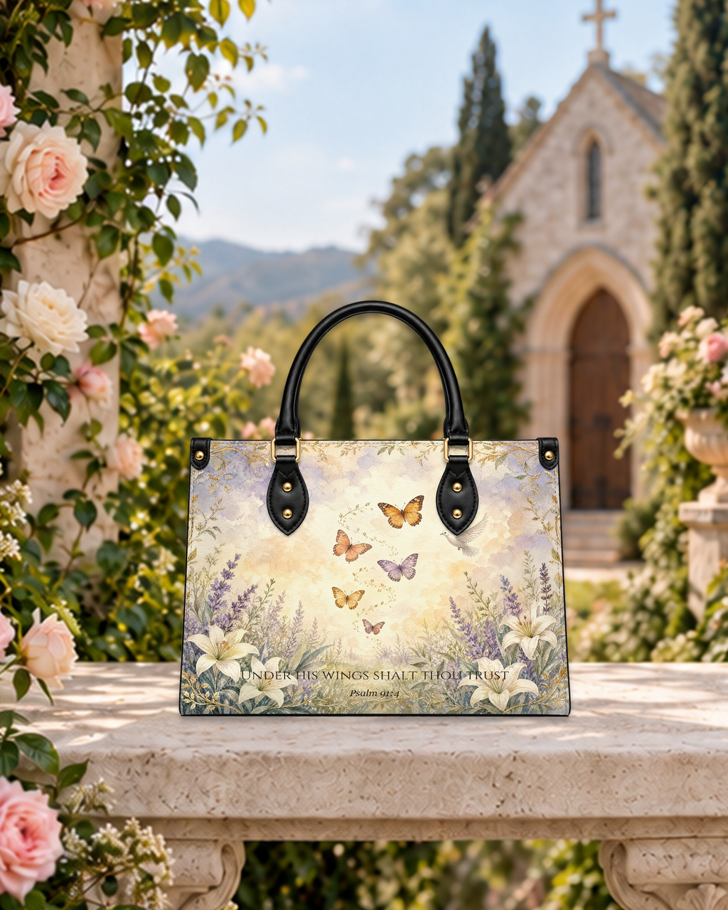 Meadow Of Sheltering Wings PU Leather Handbag - Christian Handbag, styled in the home