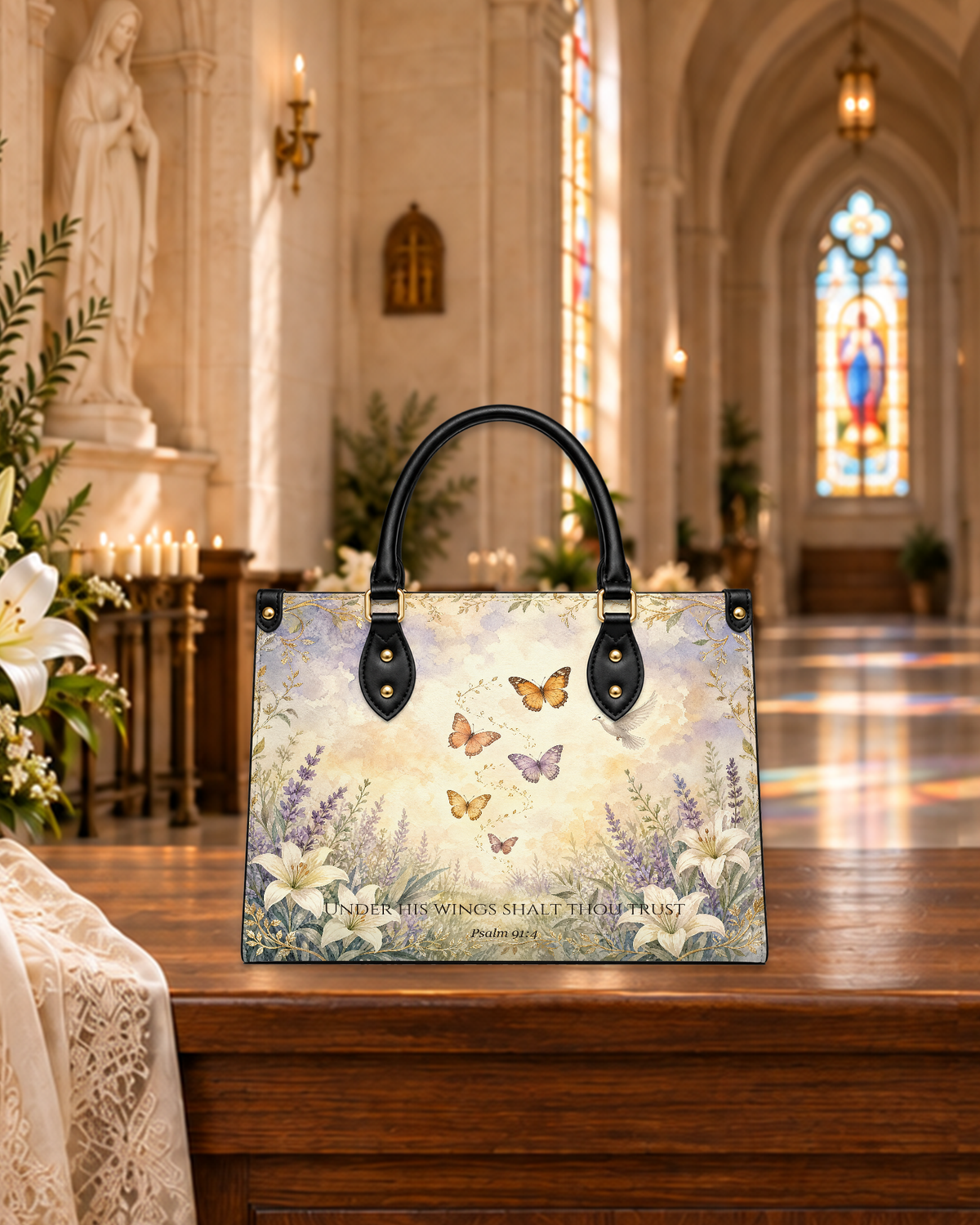 Meadow Of Sheltering Wings PU Leather Handbag - Christian Handbag, hanging display