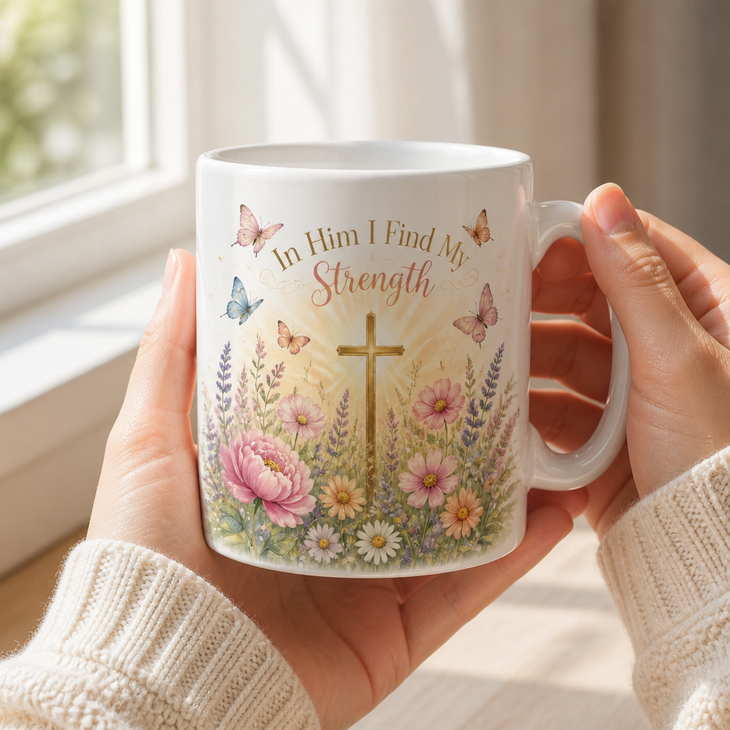 Meadow Of Strength Ceramic Mug - Christian Coffee Mug, styled in the home
