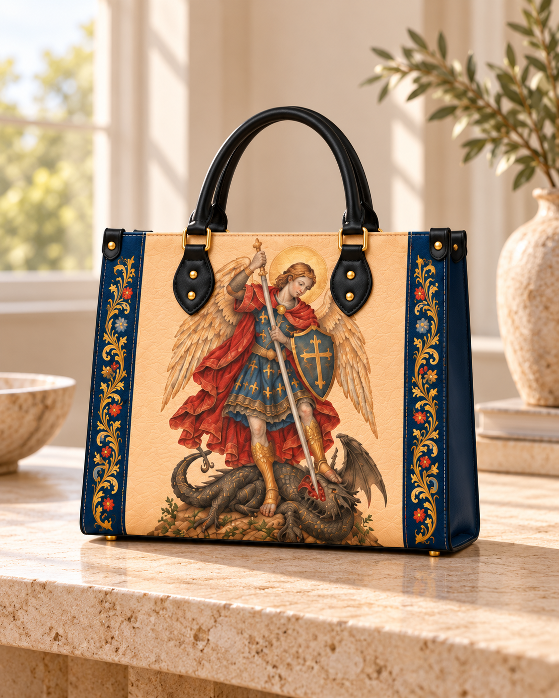 Michael’s Triumph PU Leather Handbag - Christian Handbag, close-up of the print