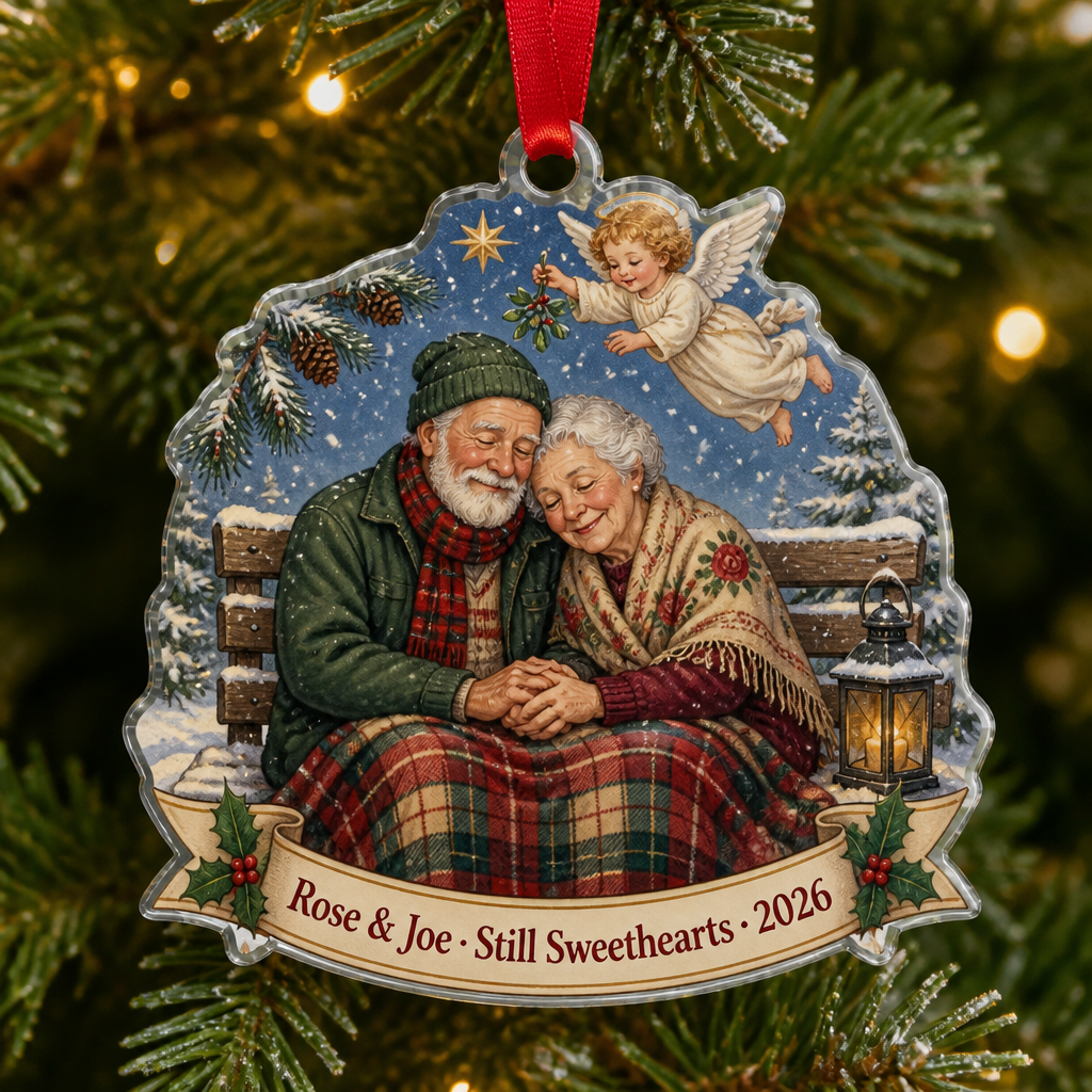 Mistletoe Bench Sweethearts Acrylic Ornament - Acrylic Christmas Ornament, front view