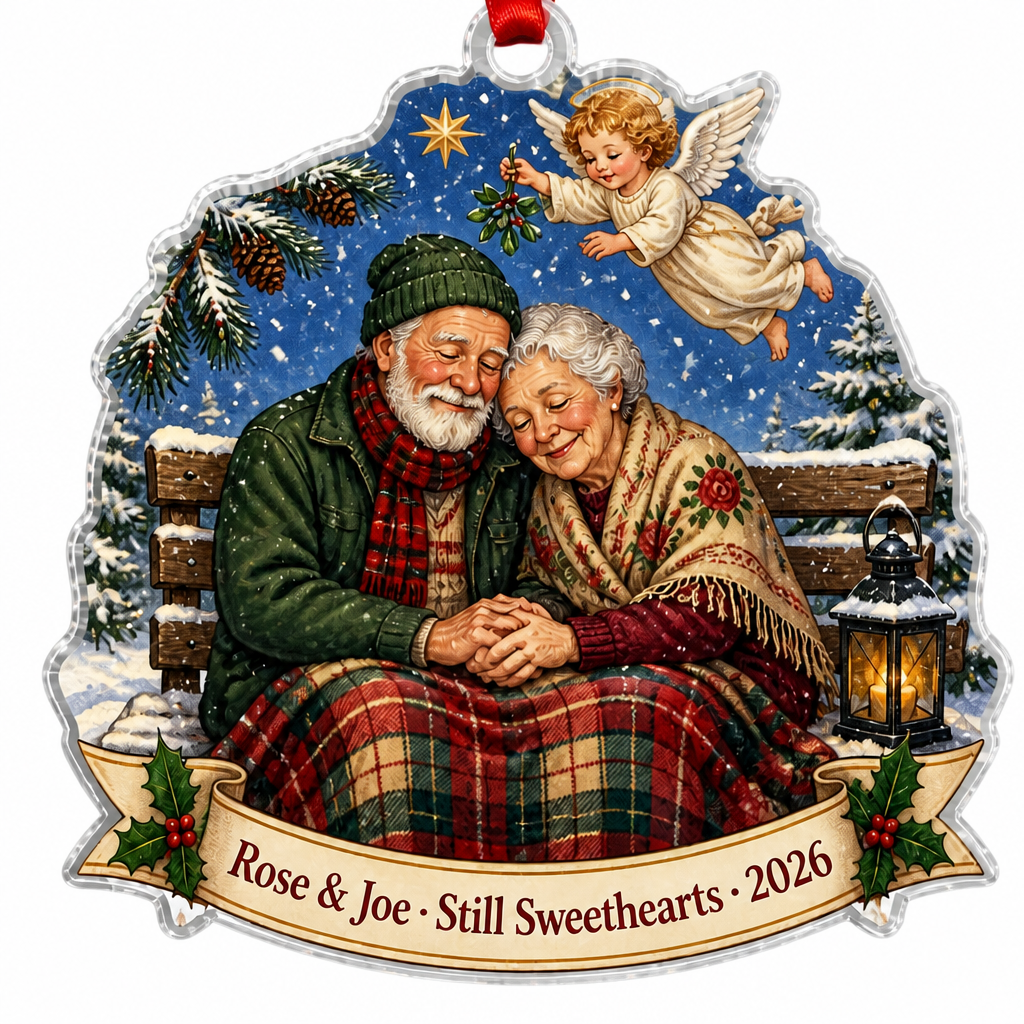 Mistletoe Bench Sweethearts Acrylic Ornament - Acrylic Christmas Ornament, detail view