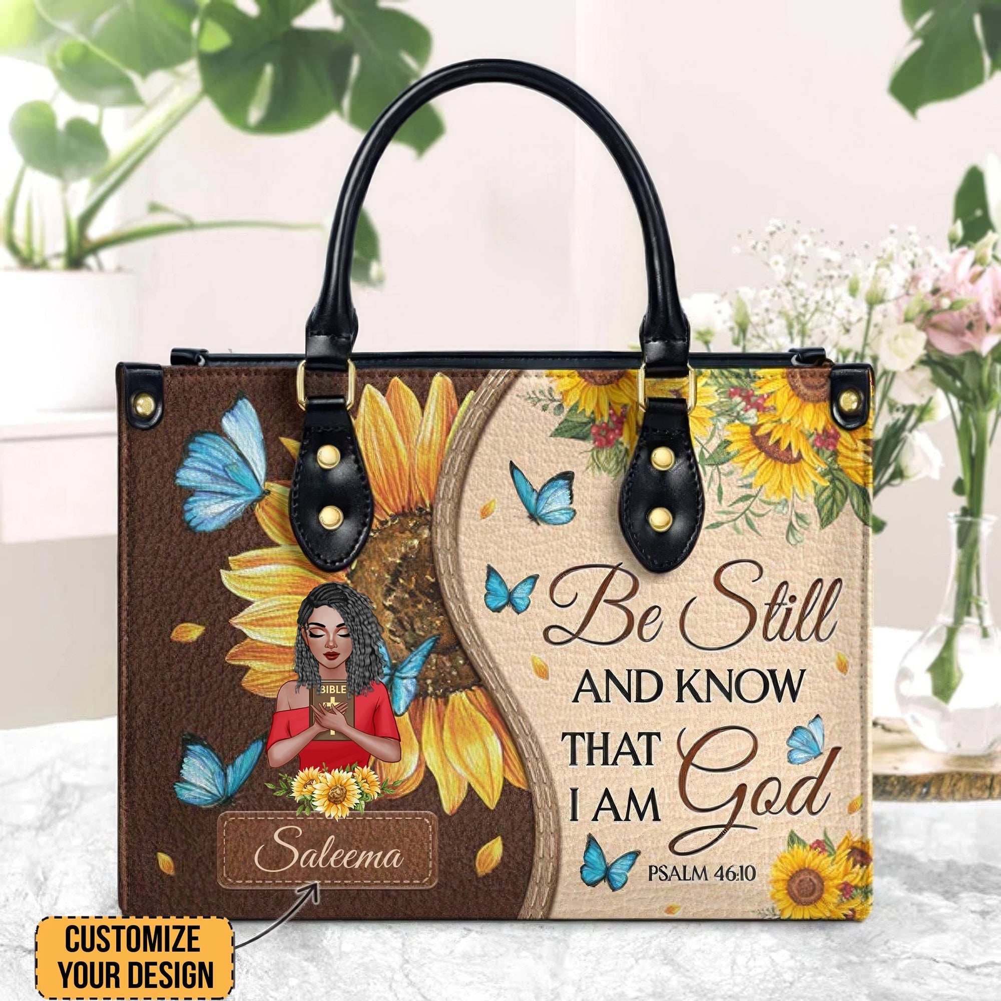 Be Still And Know That I Am God Psalm 46:10 Sunflower Butterfly - Personalized Leather Bag Black African - CLGOD01 PT