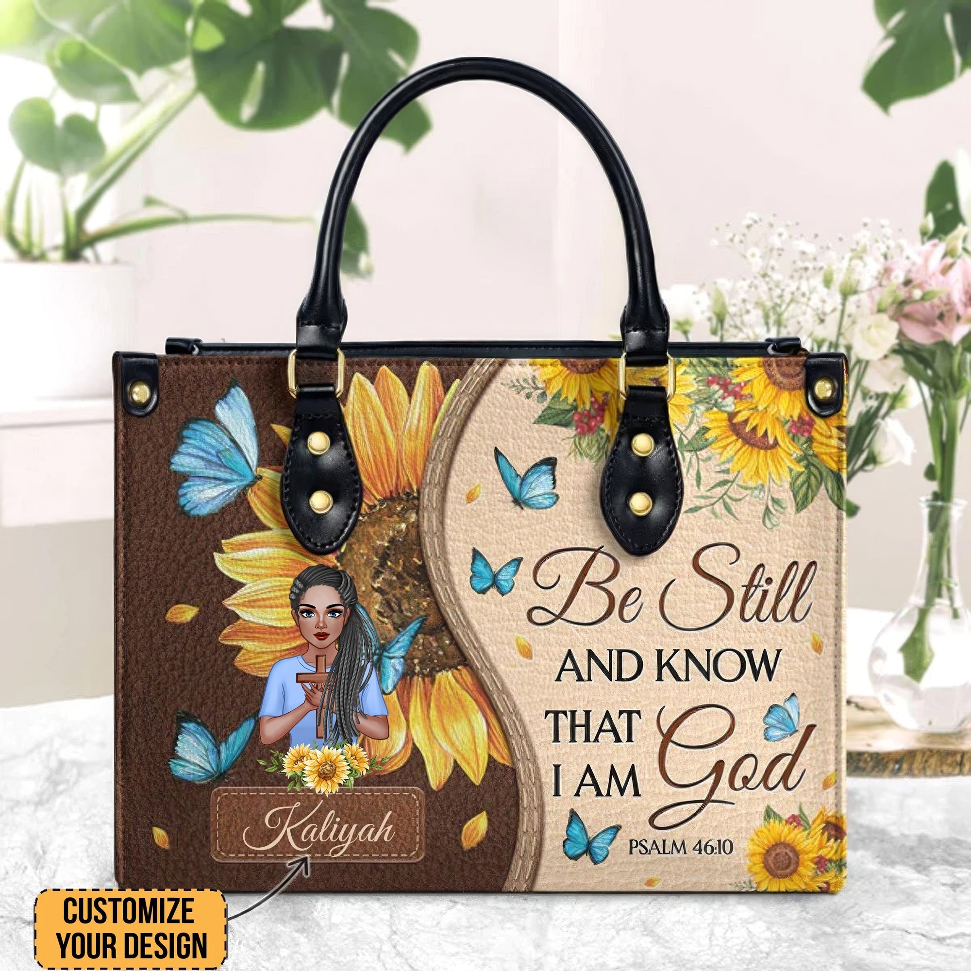Be Still And Know That I Am God Psalm 46:10 Sunflower Butterfly - Personalized Leather Bag Black African - CLGOD01 PT
