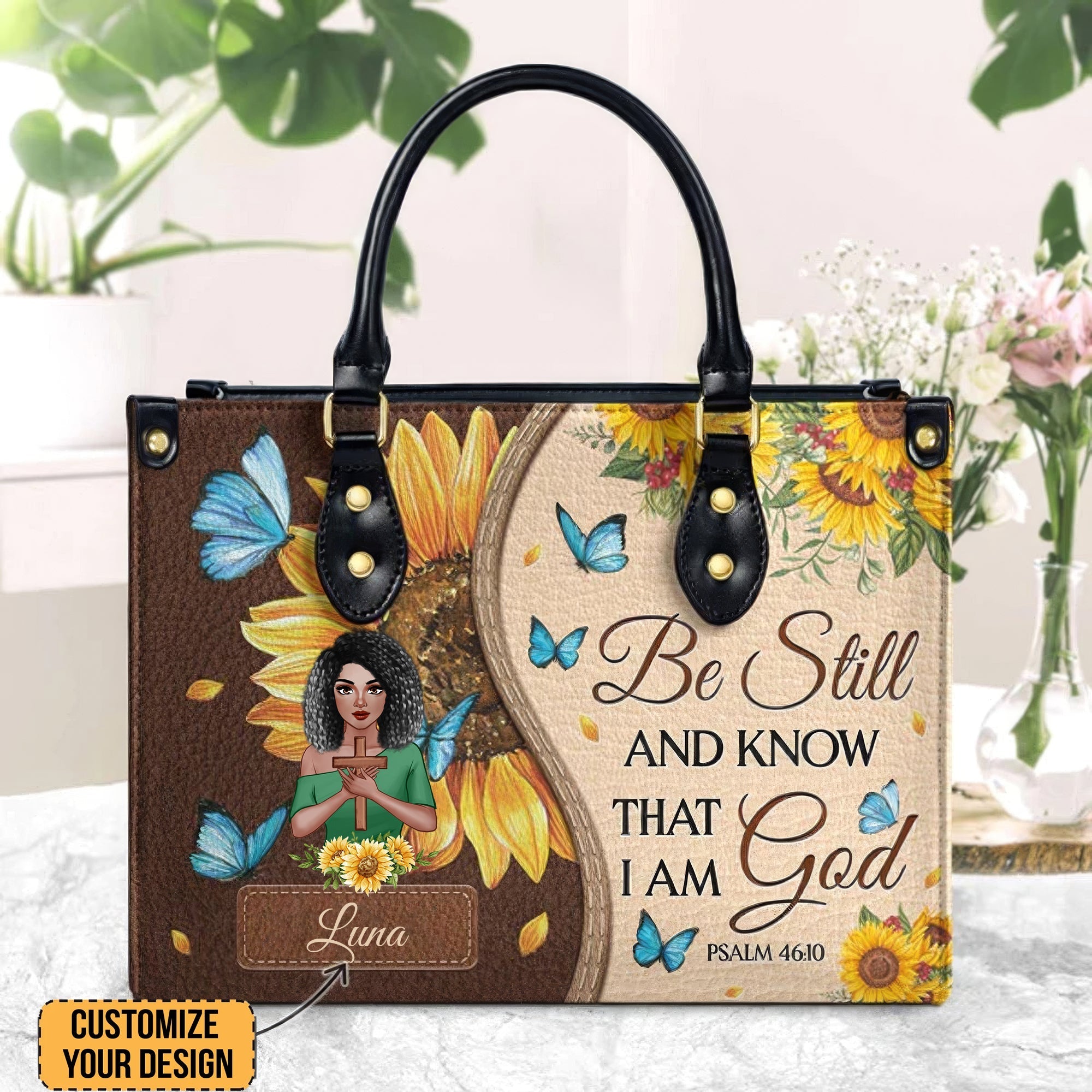 Be Still And Know That I Am God Psalm 46:10 Sunflower Butterfly - Personalized Leather Bag Black African - CLGOD01 PT