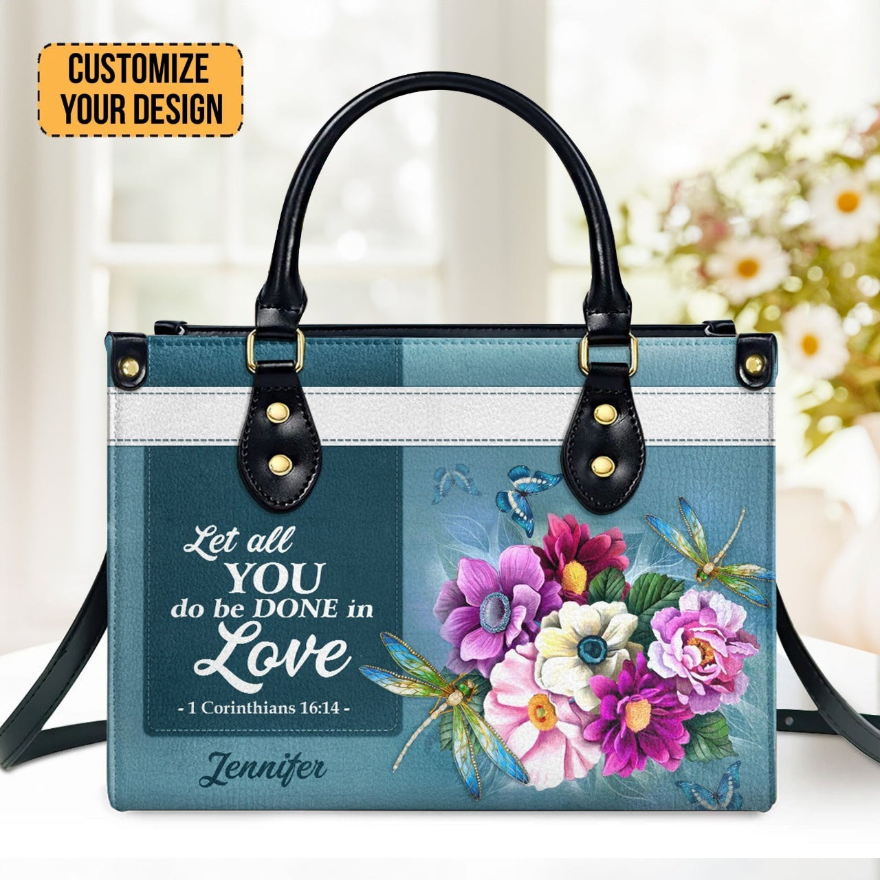 Corinthians Green Let All That You Do Be Done In Love Customized Leather Handbag