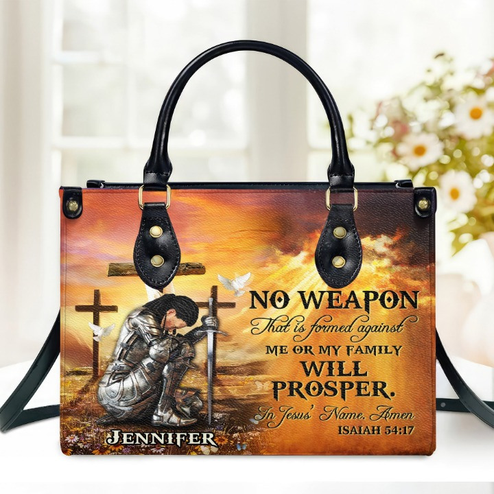 No Weapon Formed Against Us Shall Prosper Isaiah 54:17 Customized Leather Handbag