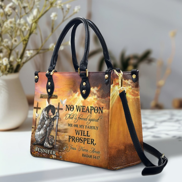 No Weapon Formed Against Us Shall Prosper Isaiah 54:17 Customized Leather Handbag