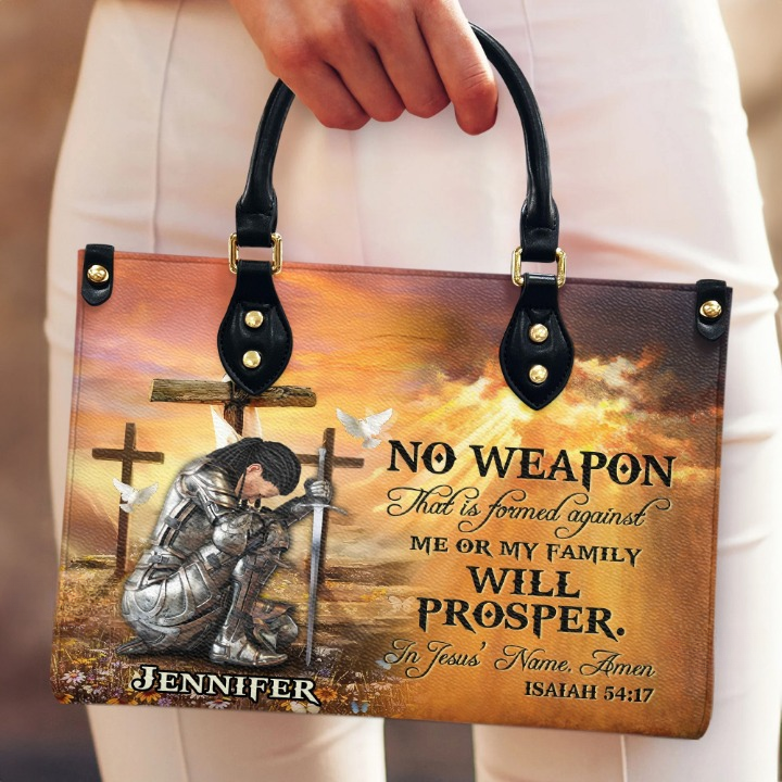 No Weapon Formed Against Us Shall Prosper Isaiah 54:17 Customized Leather Handbag
