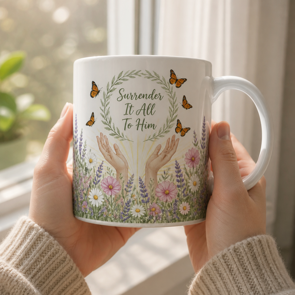 Monarchs Released In Grace Ceramic Mug - Christian Coffee Mug, styled in the home