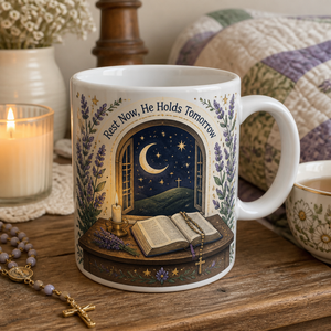 Moonlit Window Prayer Ceramic Mug - Christian Coffee Mug, front view
