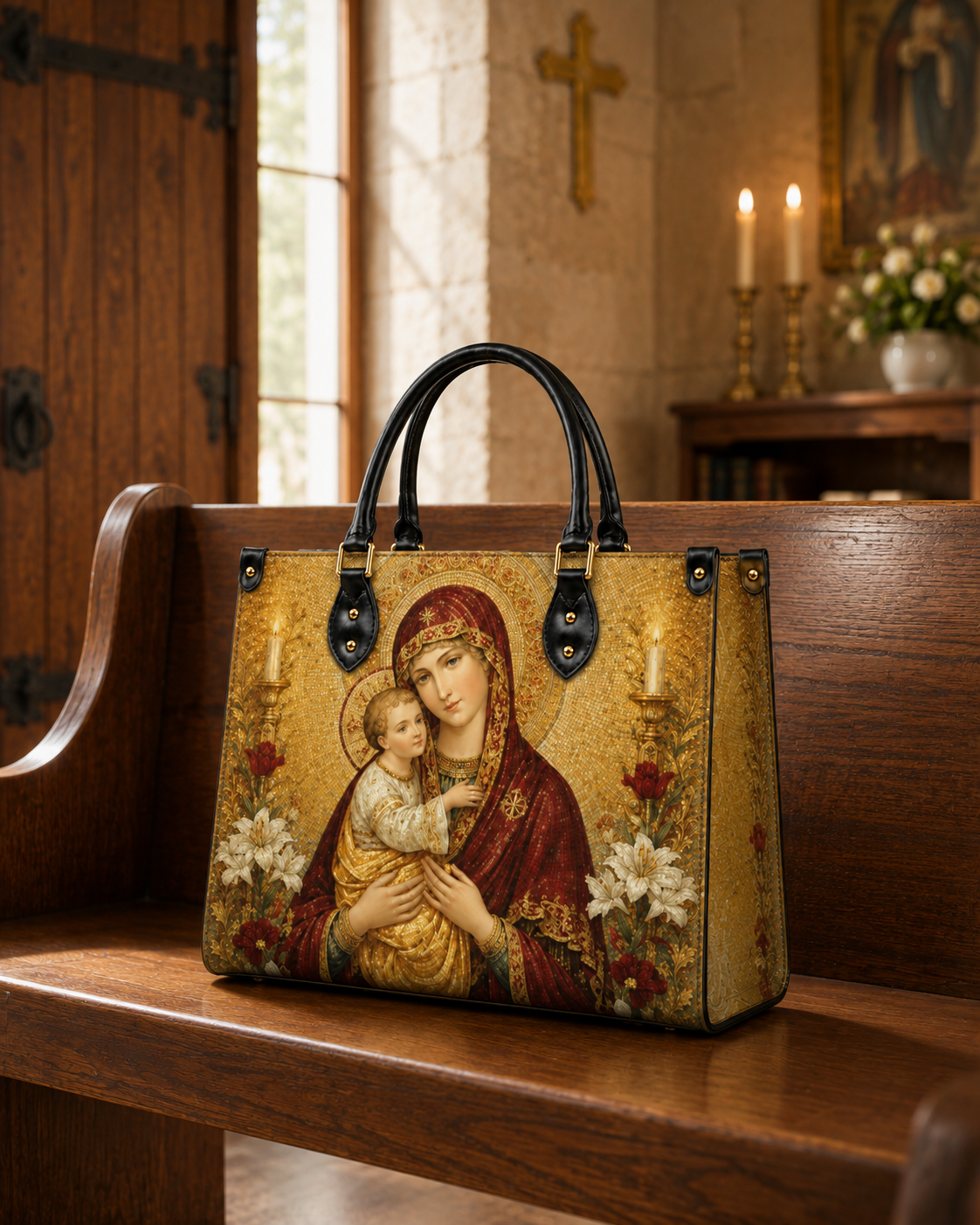 Mother of Divine Grace PU Leather Handbag - Christian Handbag, close-up of the print