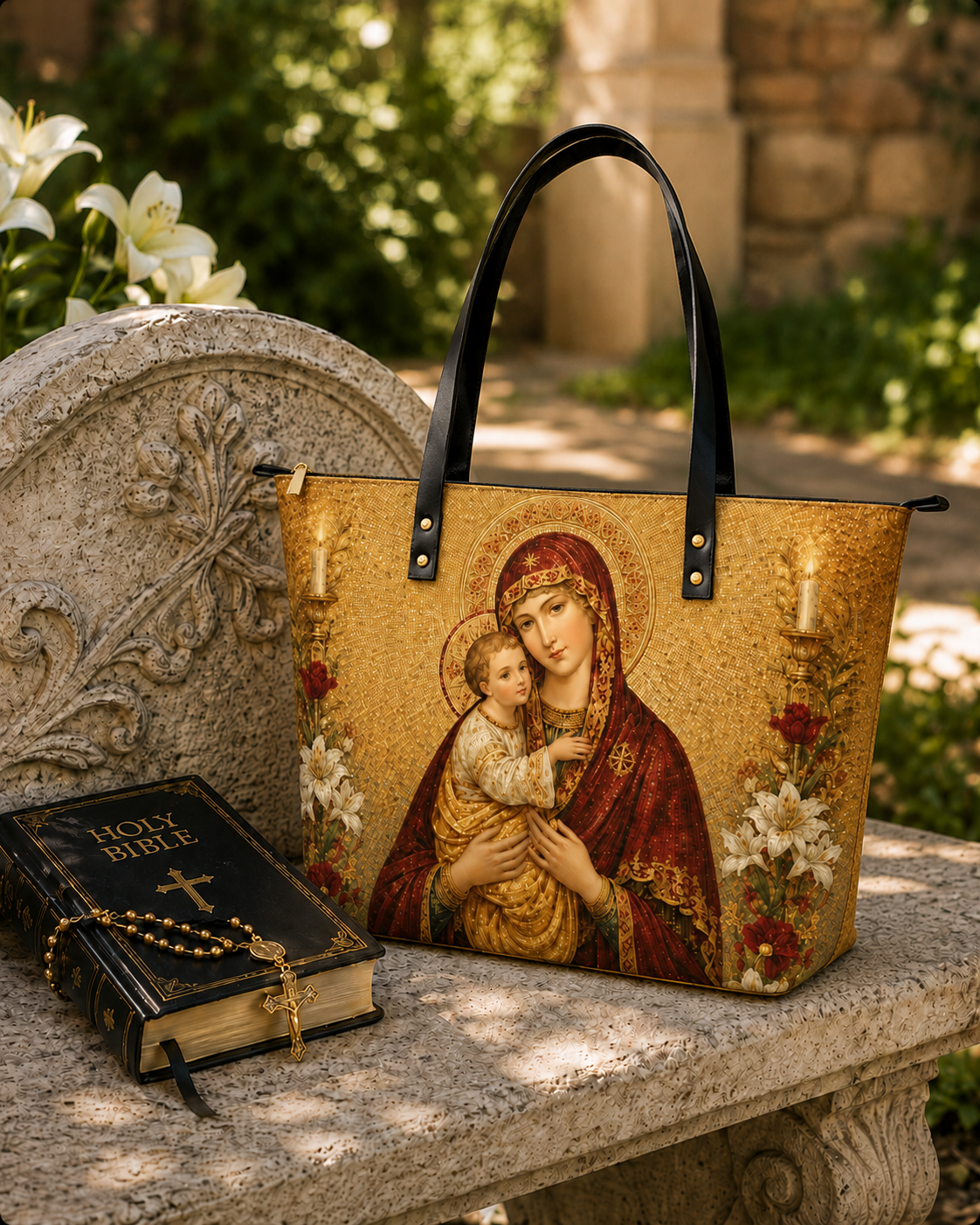 Mother of Divine Grace PU Leather Tote Bag - Christian Tote Bag, close-up of the print