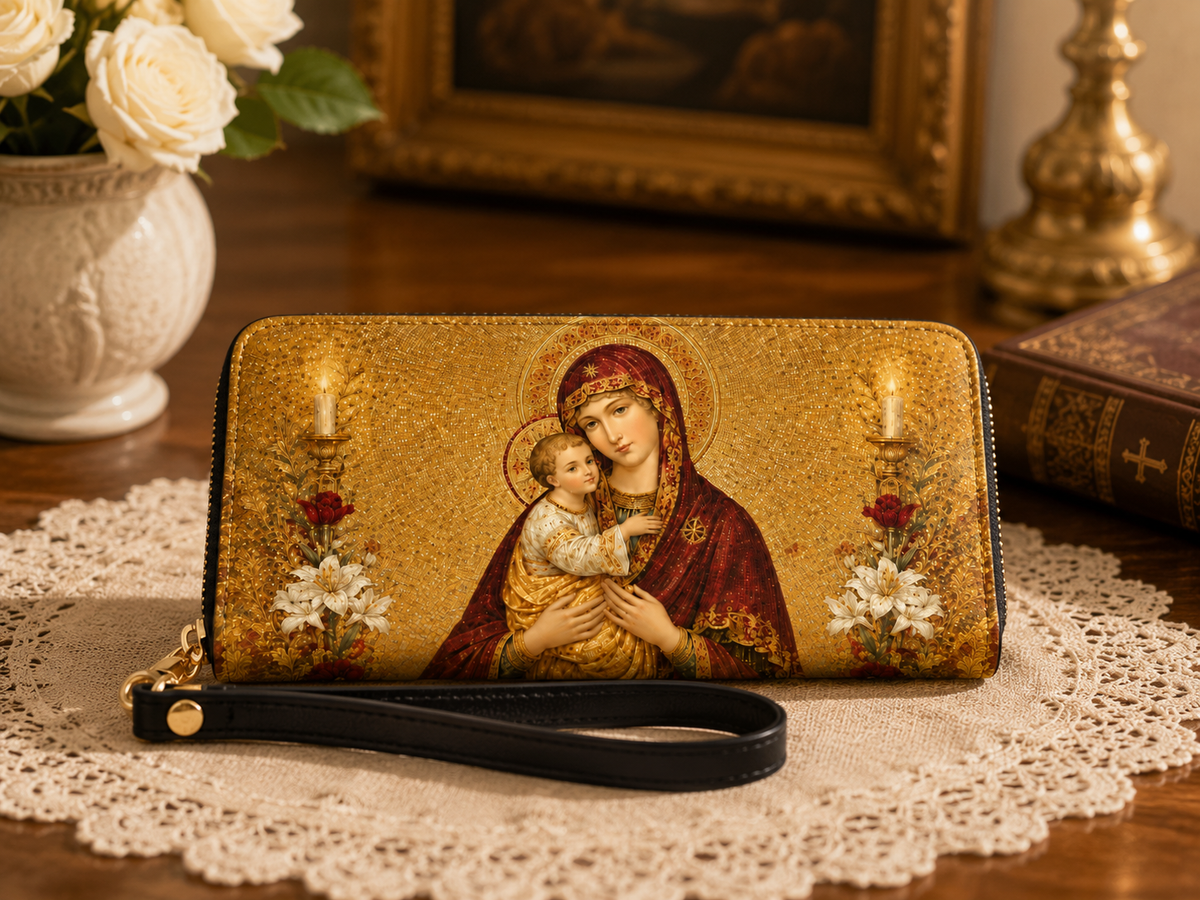 Mother of Divine Grace PU Leather Wallet - Christian Wallet, hanging display