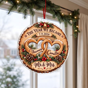 Mr And Mrs Interlocked Hearts Wood Slice Acrylic Ornament - Acrylic Christmas Ornament, front view