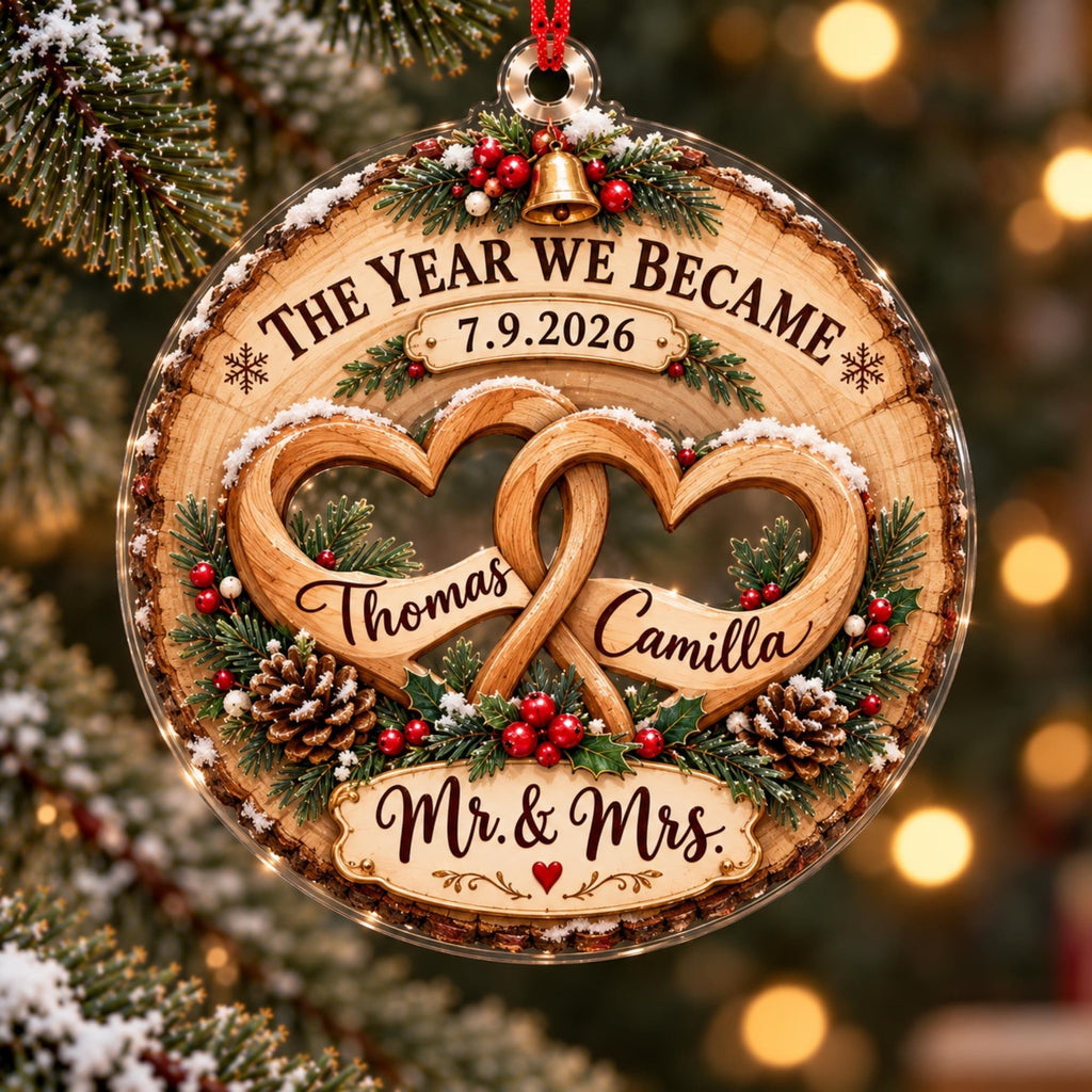 Mr And Mrs Interlocked Hearts Wood Slice Acrylic Ornament - Acrylic Christmas Ornament, detail view