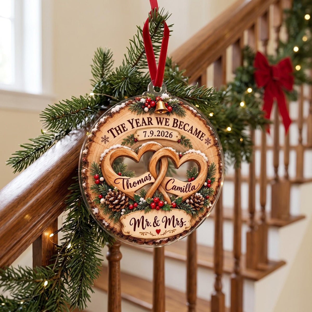 Mr And Mrs Interlocked Hearts Wood Slice Acrylic Ornament - Acrylic Christmas Ornament, styled in the home