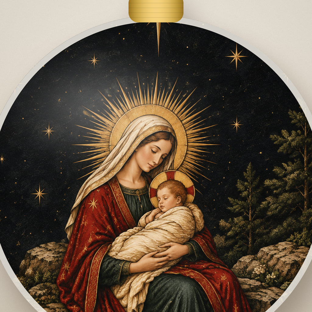 Nox Stellata Ceramic Ornament - Catholic Christmas Ornament, detail view