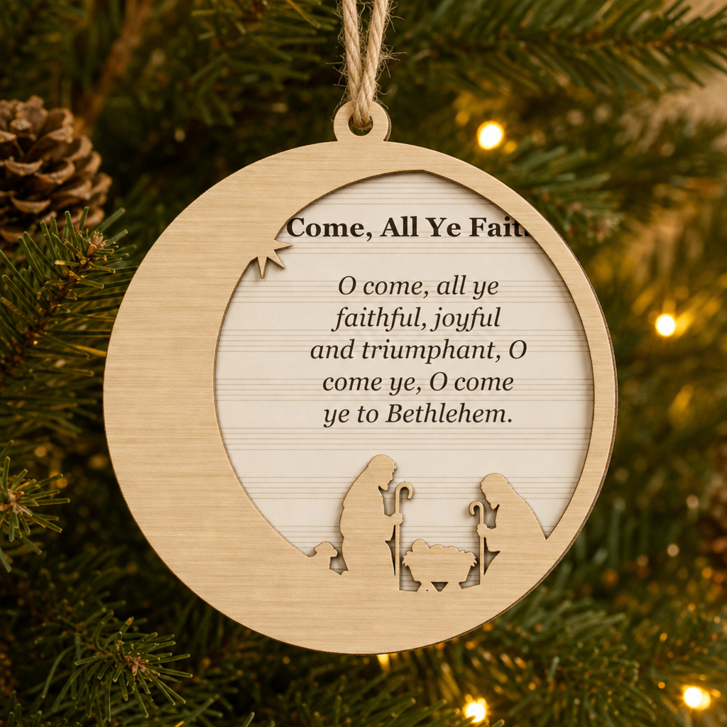O Come, All Ye Faithful Crescent Moon 2-Layer Wooden Ornament - Wooden Christmas Ornament, front view