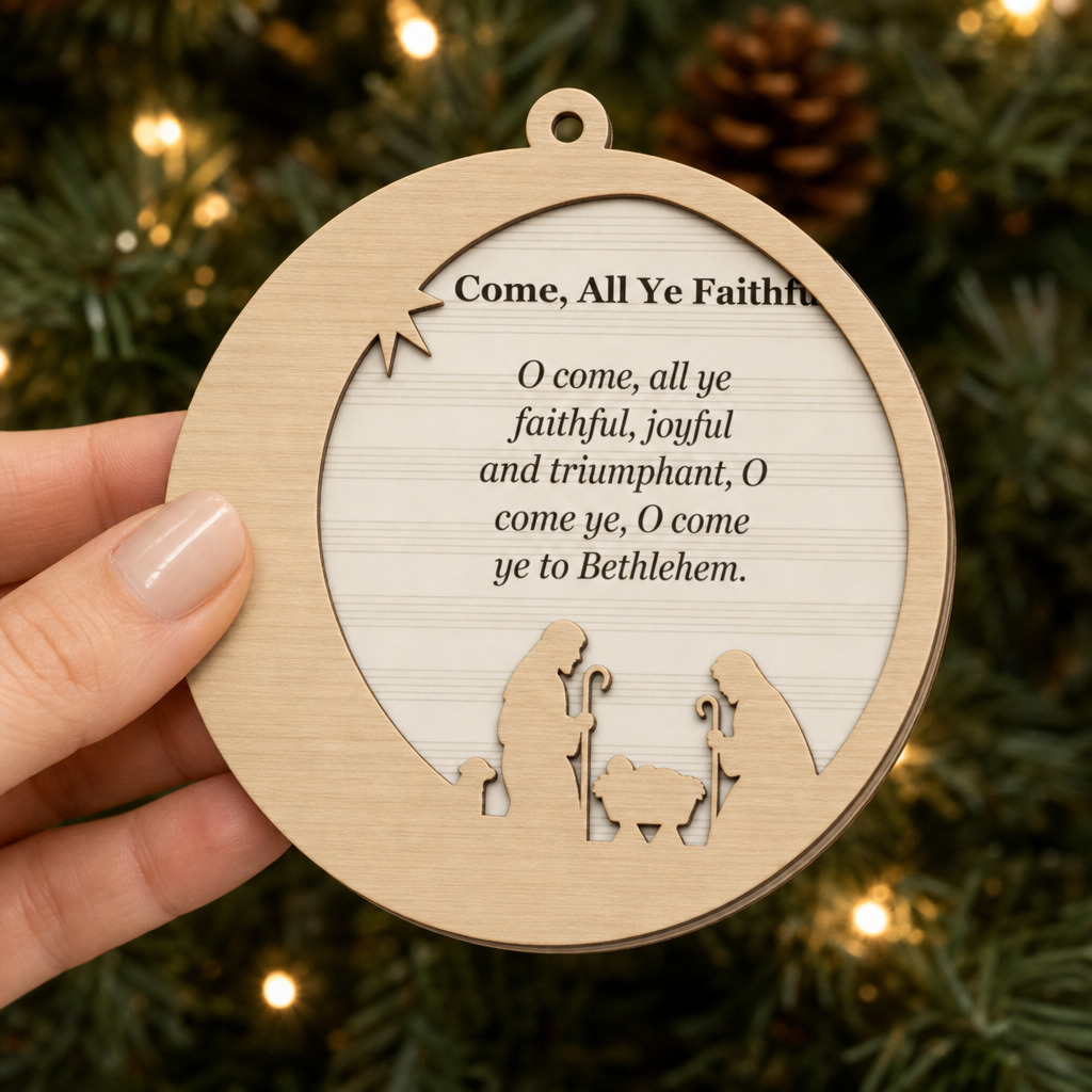 O Come, All Ye Faithful Crescent Moon 2-Layer Wooden Ornament - Wooden Christmas Ornament, detail view