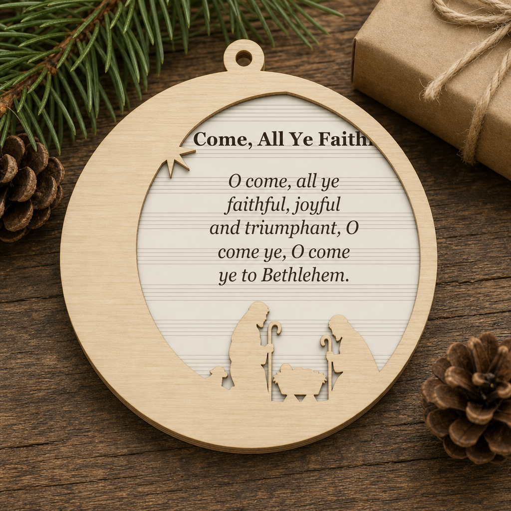 O Come, All Ye Faithful Crescent Moon 2-Layer Wooden Ornament - Wooden Christmas Ornament, styled in the home