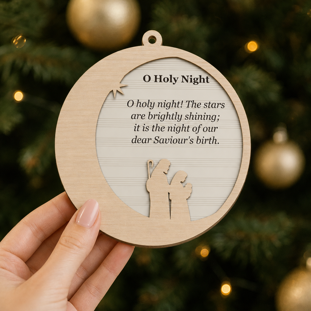 O Holy Night Crescent Moon 2-Layer Wooden Ornament - Wooden Christmas Ornament, detail view