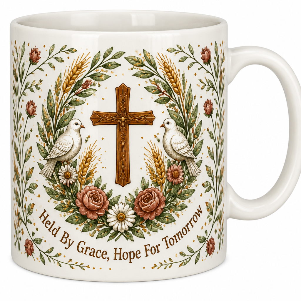 Olive Wreath Of Grace Ceramic Mug - Christian Coffee Mug, detail view