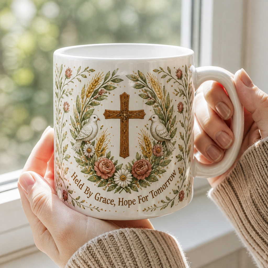Olive Wreath Of Grace Ceramic Mug - Christian Coffee Mug, styled in the home
