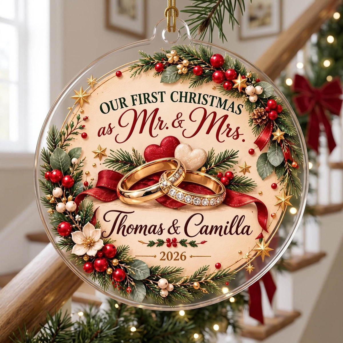 Our First Christmas as Mr and Mrs Rings Acrylic Ornament - Acrylic Christmas Ornament, front view
