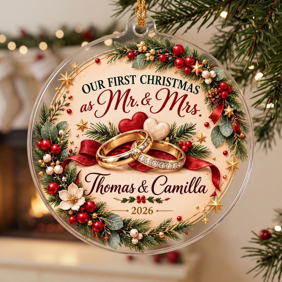 Our First Christmas as Mr and Mrs Rings Acrylic Ornament - Acrylic Christmas Ornament, detail view