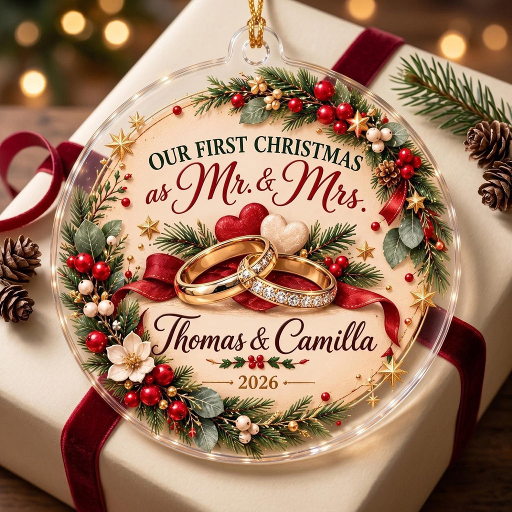 Our First Christmas as Mr and Mrs Rings Acrylic Ornament - Acrylic Christmas Ornament, styled in the home