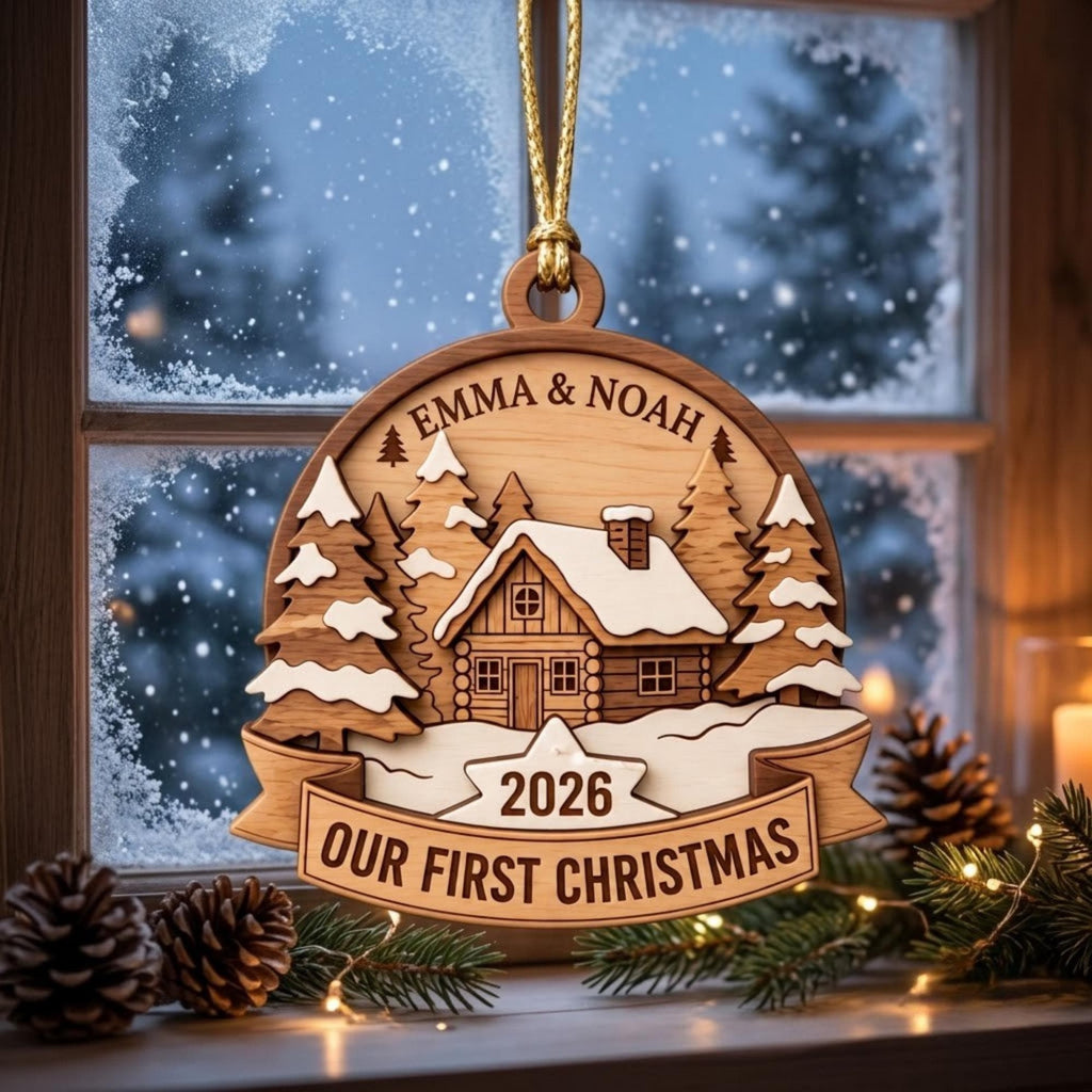 Our First Christmas Log Cabin Winter Acrylic Ornament - Acrylic Christmas Ornament, detail view