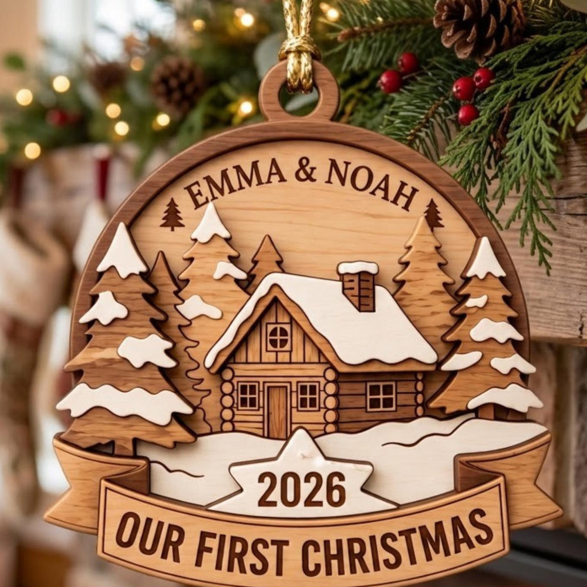 Our First Christmas Log Cabin Winter Acrylic Ornament - Acrylic Christmas Ornament, styled in the home
