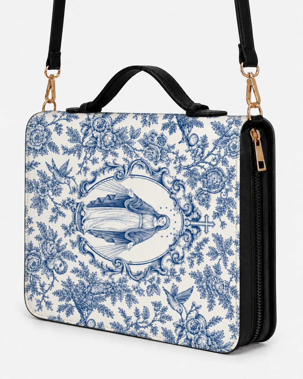 Our Lady of Grace Bible Cover - PU Leather Bible Cover, styled in the home