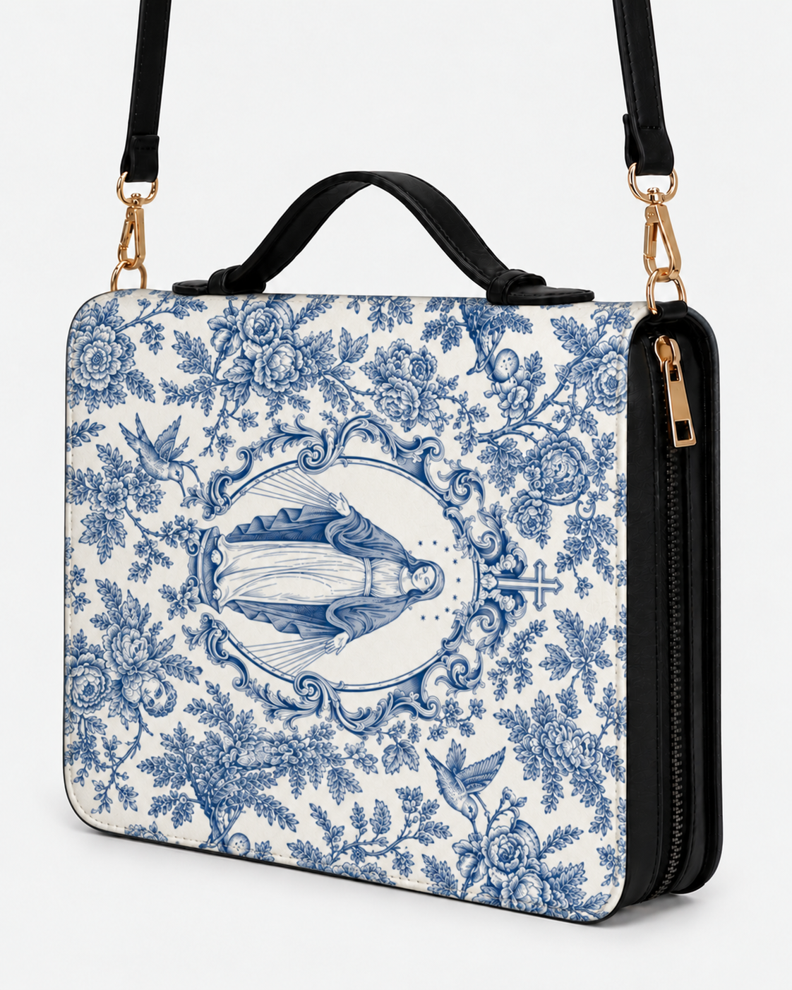 Our Lady of Grace Bible Cover - PU Leather Bible Cover, styled in the home