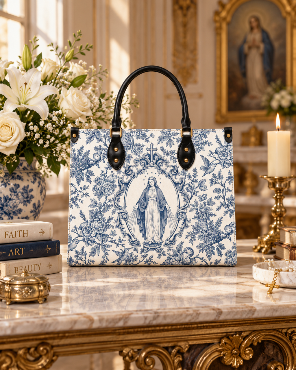 Our Lady of Grace PU Leather Handbag - Christian Handbag, hanging display
