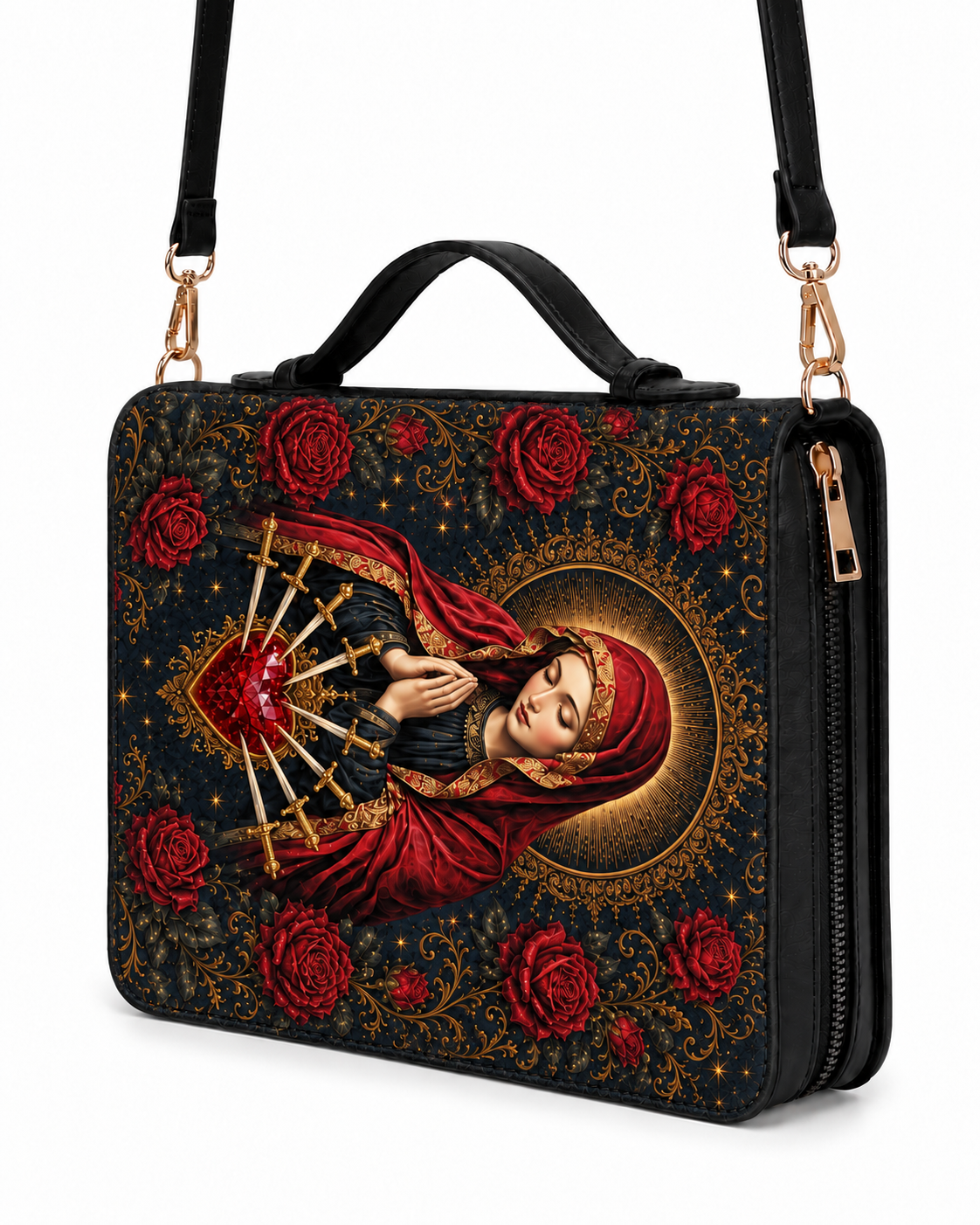 Our Lady of Sorrows Bible Cover - PU Leather Bible Cover, styled in the home