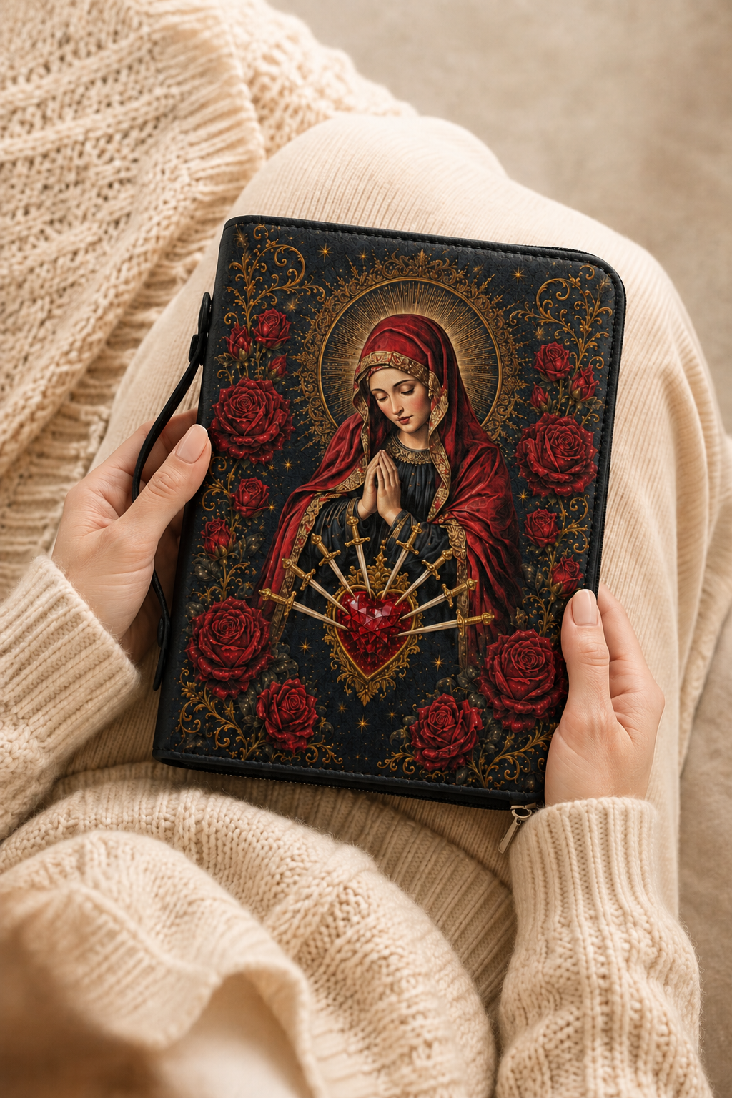 Our Lady of Sorrows Bible Cover - PU Leather Bible Cover, gift presentation