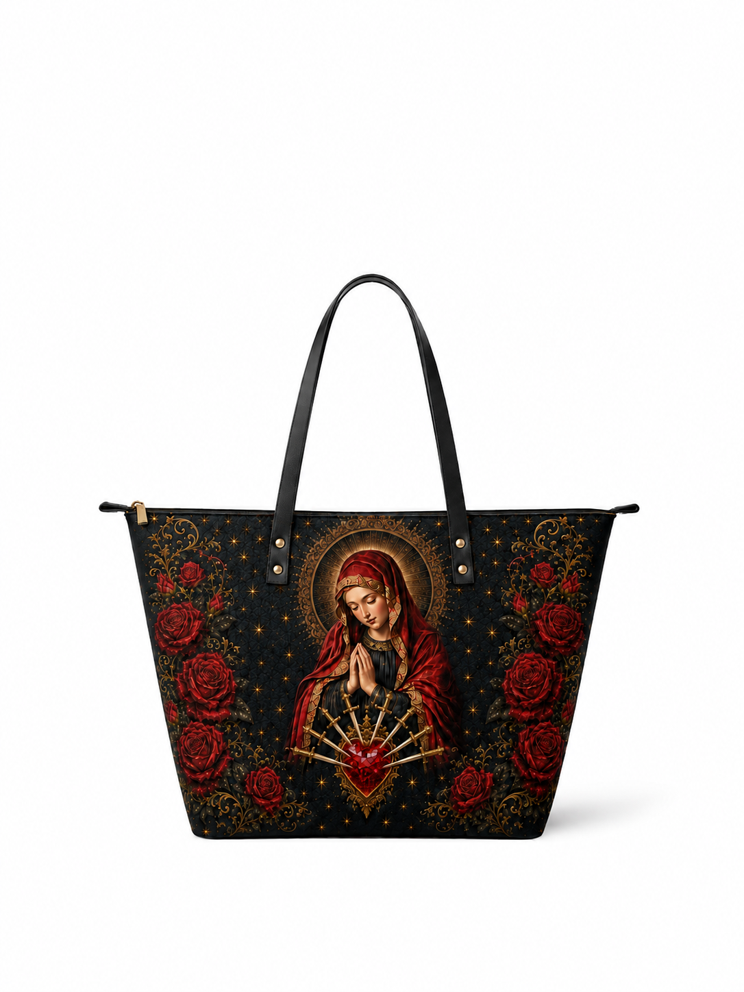 Our Lady of Sorrows PU Leather Tote Bag - Christian Tote Bag, front view