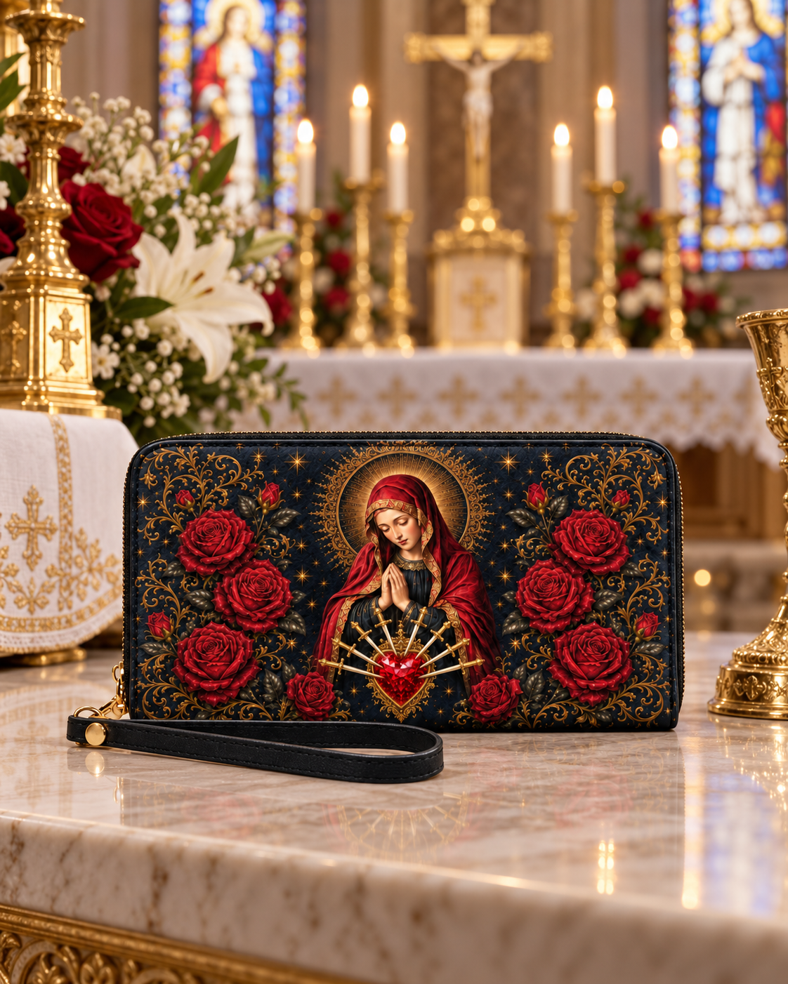 Our Lady of Sorrows PU Leather Wallet - Christian Wallet, hanging display